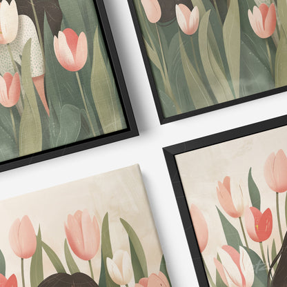 coleção de quadros com ilustrações de flores em estilo minimalista, molduras pretas finas e fundo claro