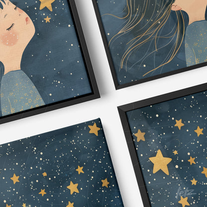 série de quadros com ilustrações de mulheres sonhando sob um céu estrelado, molduras pretas e fundo azul escuro
