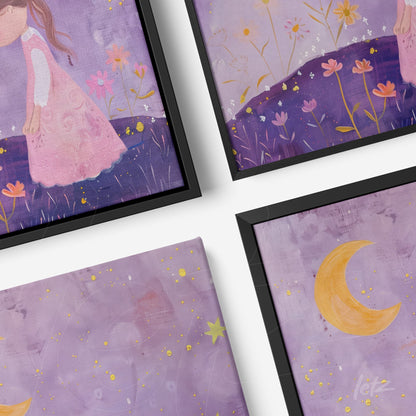 composição de quadros com arte infantil featuring uma menina em um campo com flores e lua em fundo roxo, molduras pretas