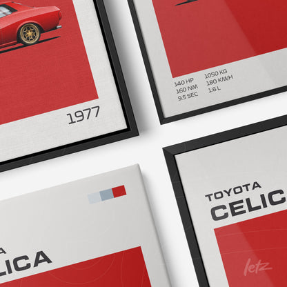 coleção de quadros com arte gráfica do carro Toyota Celica de 1977 em fundo vermelho, com informações técnicas em branco