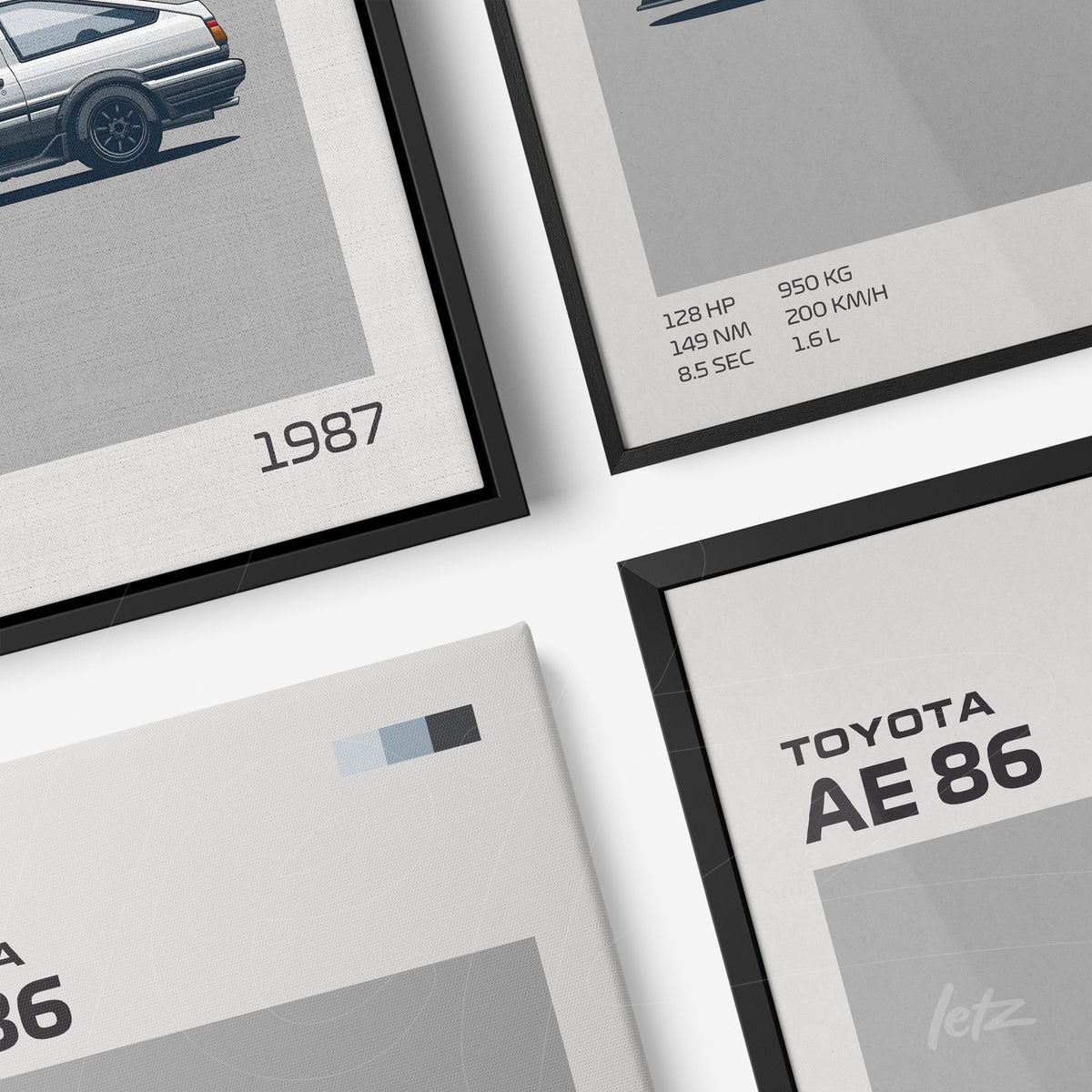 coleção de quadros com ilustrações do carro Toyota AE 86 em estilo minimalista, molduras negras e brancas