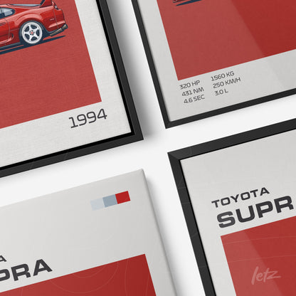 composição de quadros com desenho do carro Toyota Supra em estilo minimalista, destacando especificações técnicas ao lado
