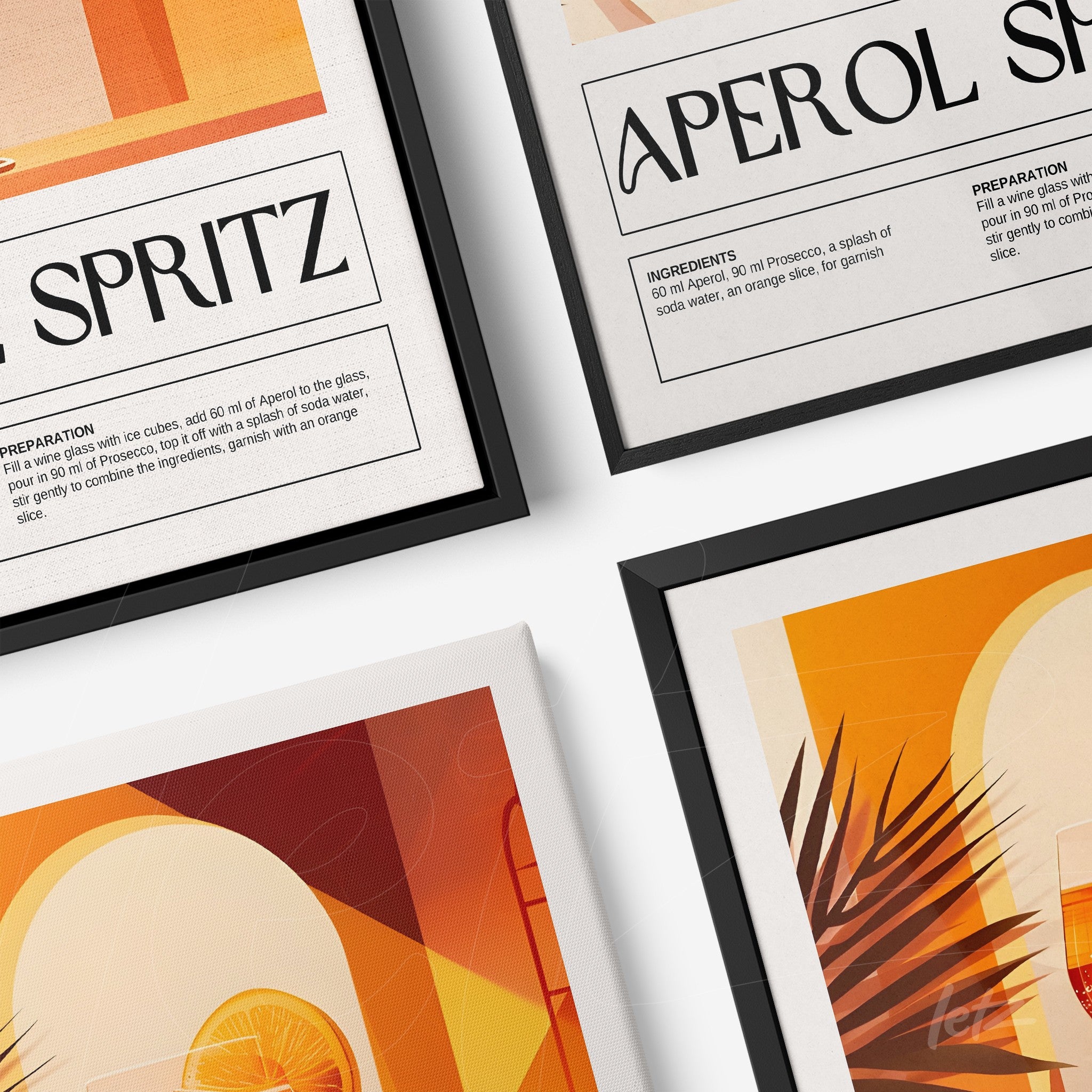 composição de quadros decorativos sobre drinks com arte digital de aperol spritz e design moderno em molduras pretas