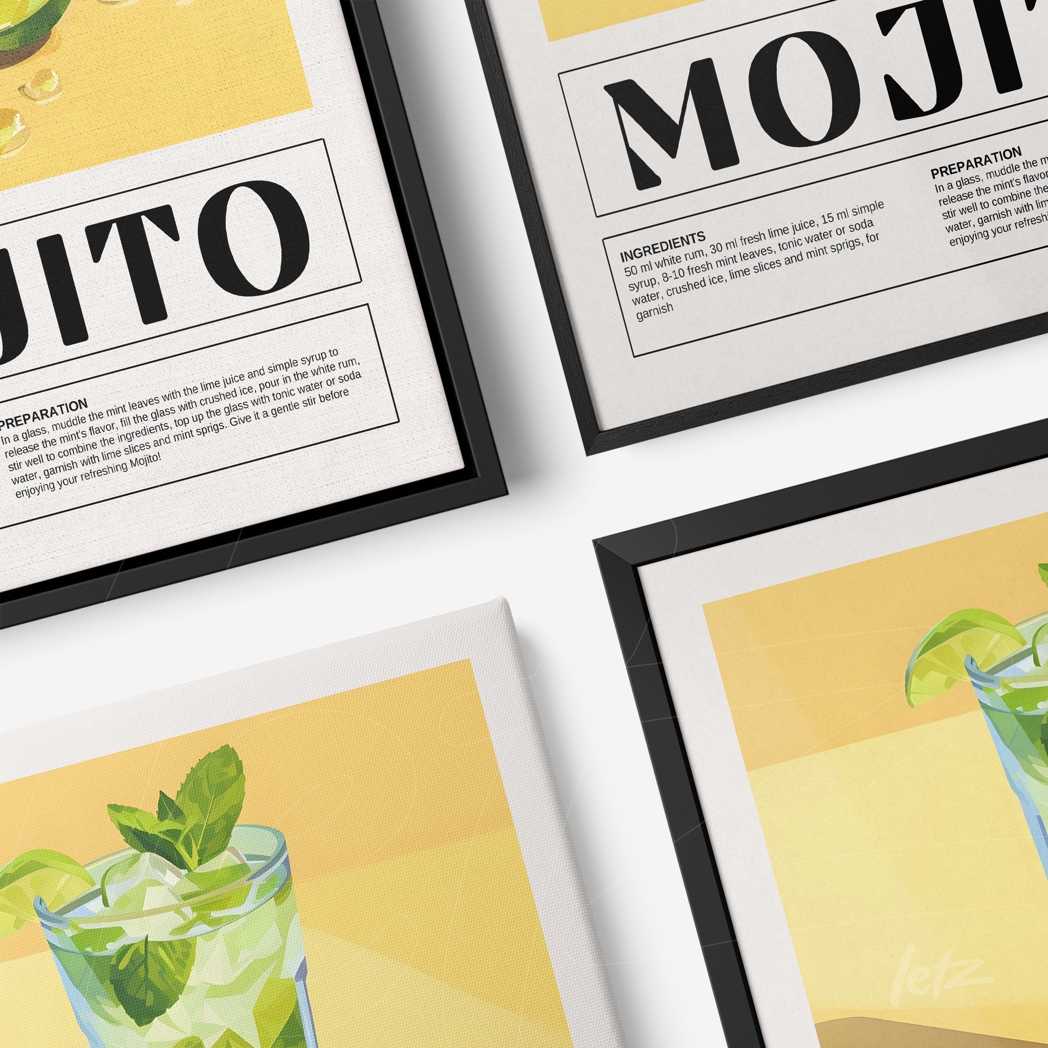 composição de quadros com receitas de drinks mojito e caipirinha em molduras pretas e brancas