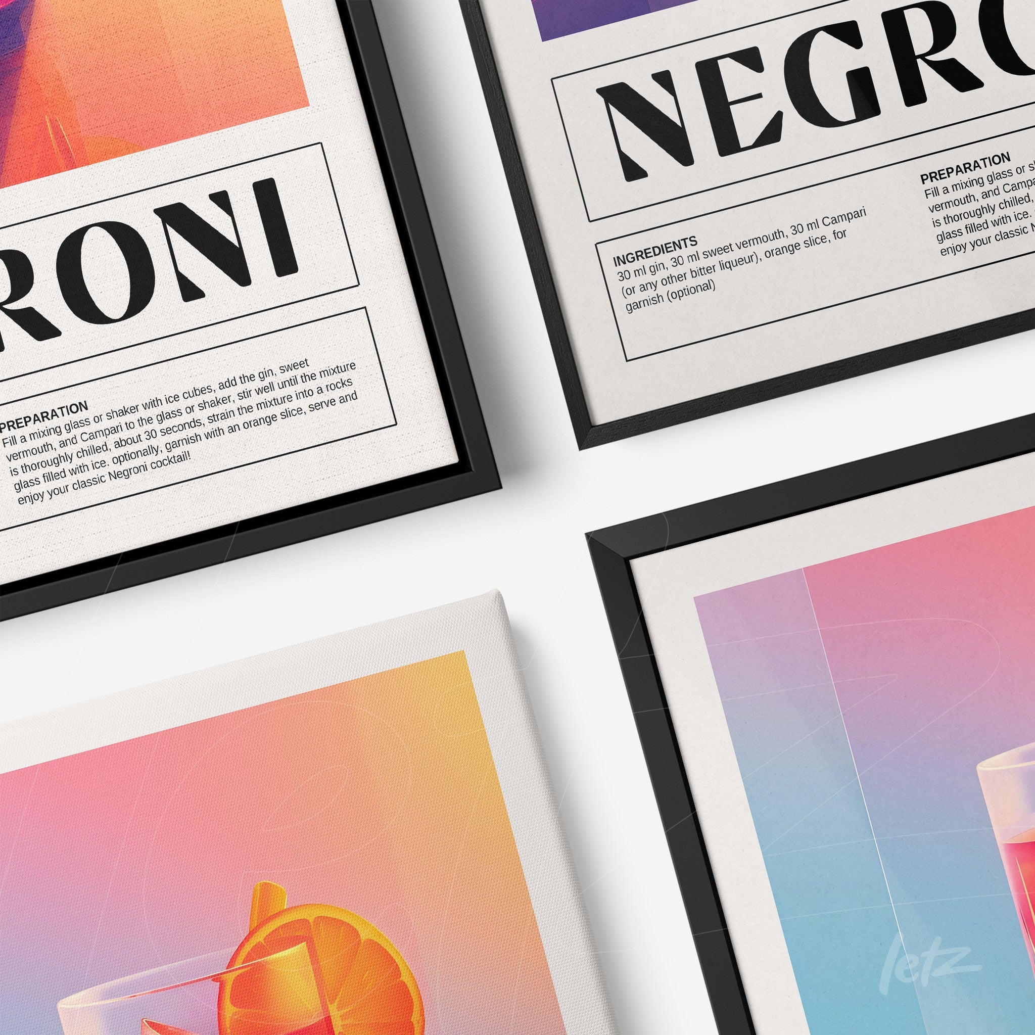composição de quadros decorativos com arte digital de drinks, incluindo ingredientes e modo de preparo, molduras pretas e fundo colorido gradiente