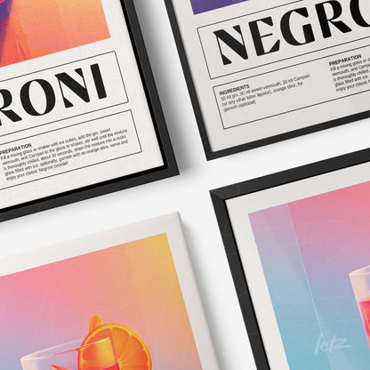 composição de quadros decorativos com arte digital de drinks, incluindo ingredientes e modo de preparo, molduras pretas e fundo colorido gradiente