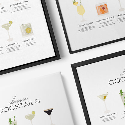 composição de quadros decorativos com ilustrações de drinks clássicos em moldura preta, incluindo cosmopolitan, piña colada, old fashioned, margarita, gin tônica e dirty martini sobre fundo claro