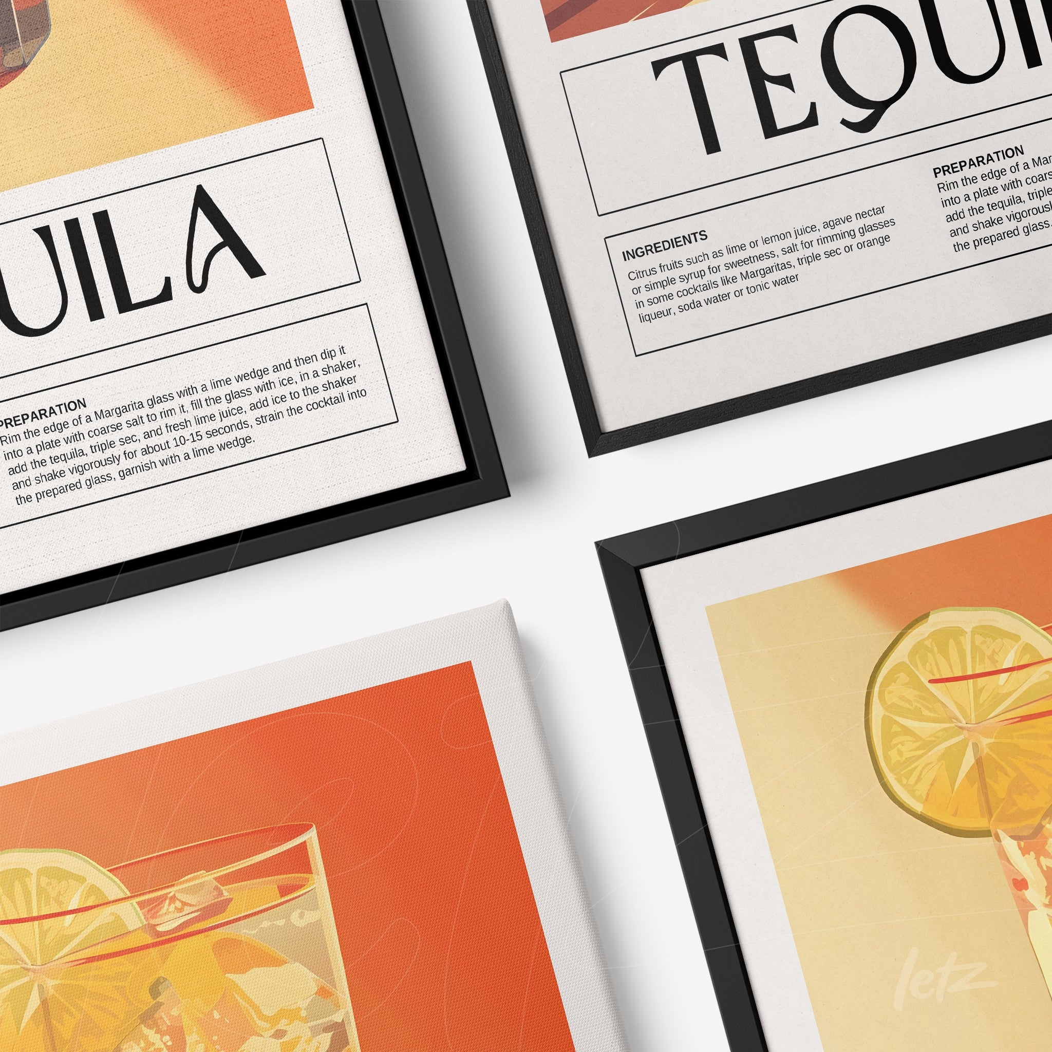 série de quadros com ilustrações de drinks em molduras pretas, incluindo uma receita de tequila e detalhes de limão