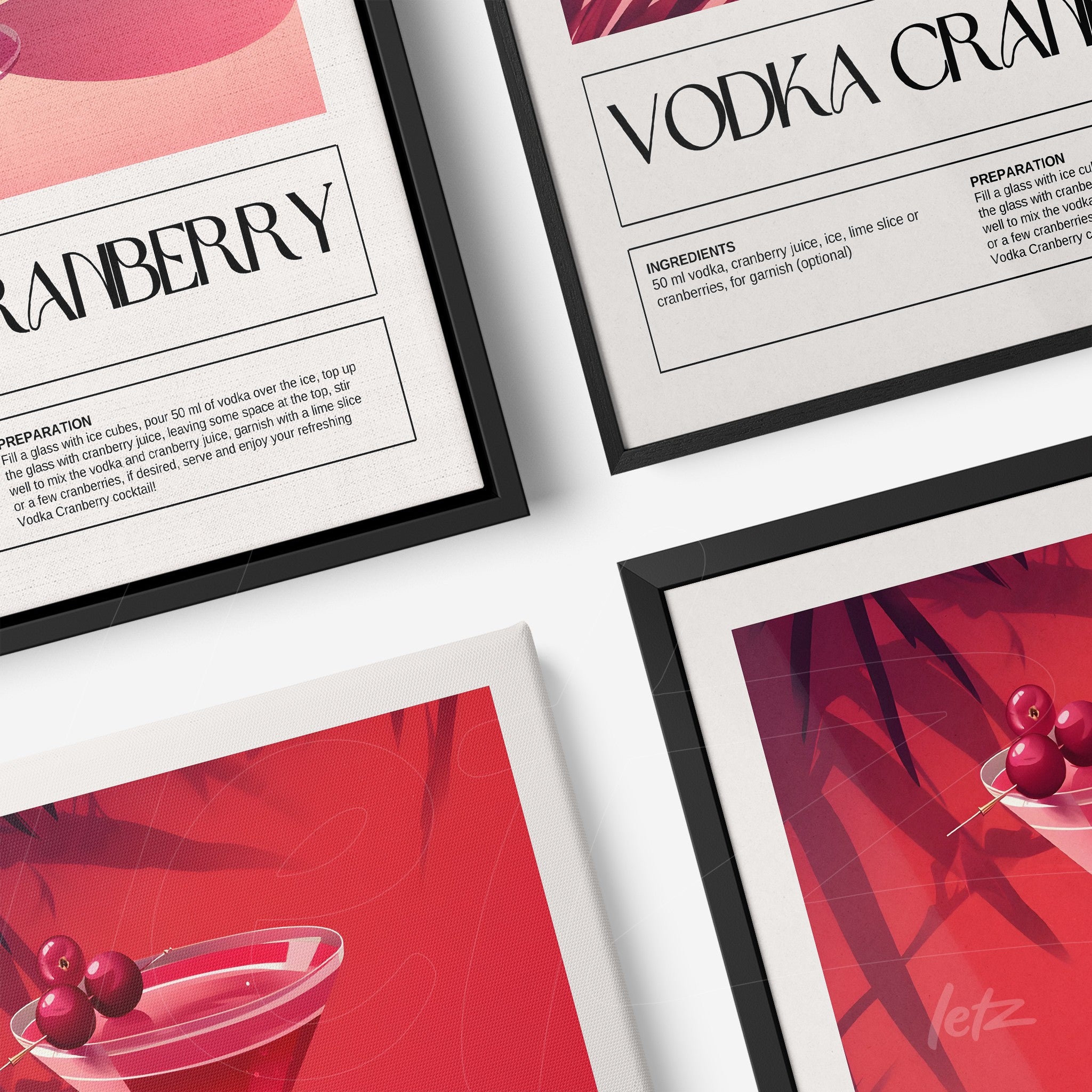 composição de quadros com ilustração minimalista do drink vodka cranberry em molduras pretas