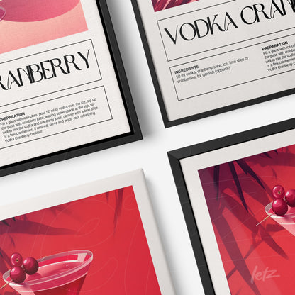 composição de quadros com ilustração minimalista do drink vodka cranberry em molduras pretas