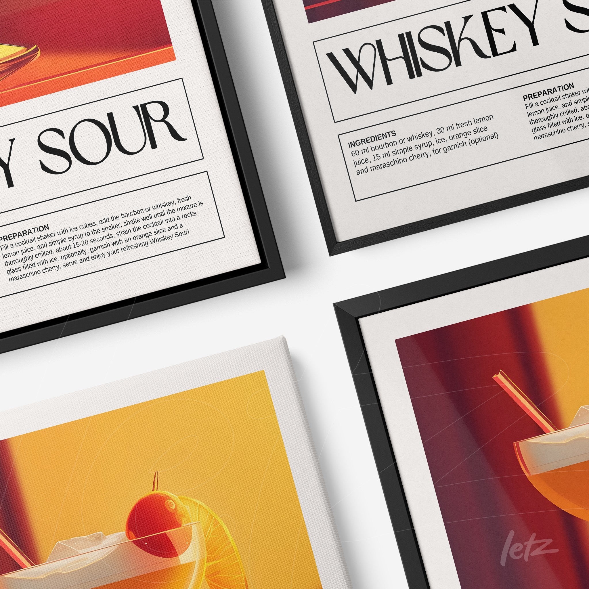 composição de quadros decorativos com drinks artesanais, detalhes em moldura preta fina e fundo colorido vibrante