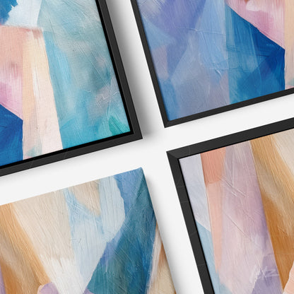 composição com quatro quadros abstratos em moldura preta fina apresentando texturas em tons de azul, rosa e laranja