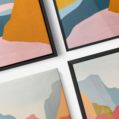 composição de quadros com arte abstrata em tons pastel e moldura preta