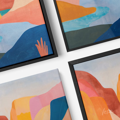 composição de quadros com padrões abstratos em cores suaves, molduras pretas finas e elementos de montanhas coloridas