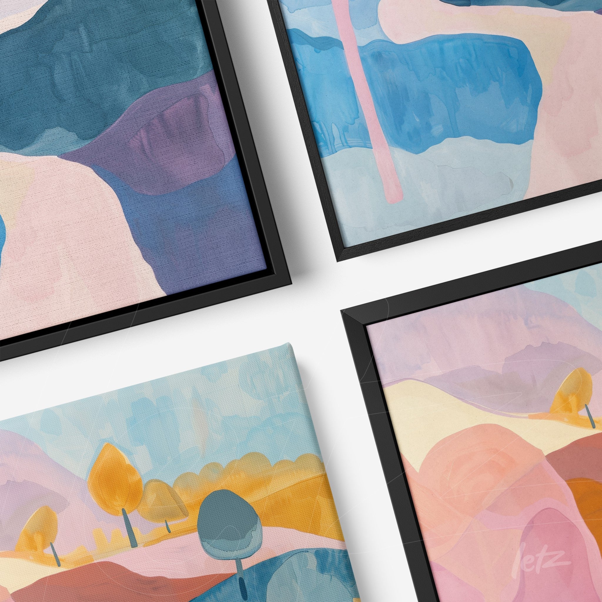 composição de quadros em moldura preta, apresentando paisagens abstratas em tons de azul, rosa e amarelo