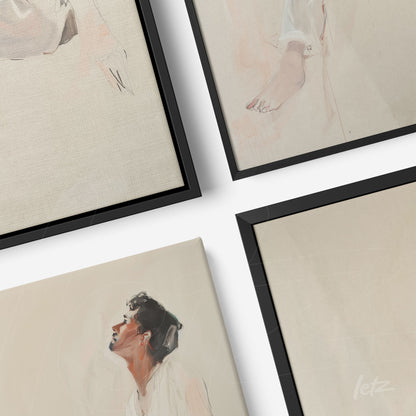 composição de quadros com arte minimalista em tons suaves e molduras pretas, destacando expressões faciais e partes do corpo