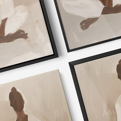 composição de quadros com arte abstrata minimalista em tons neutros, molduras pretas finas