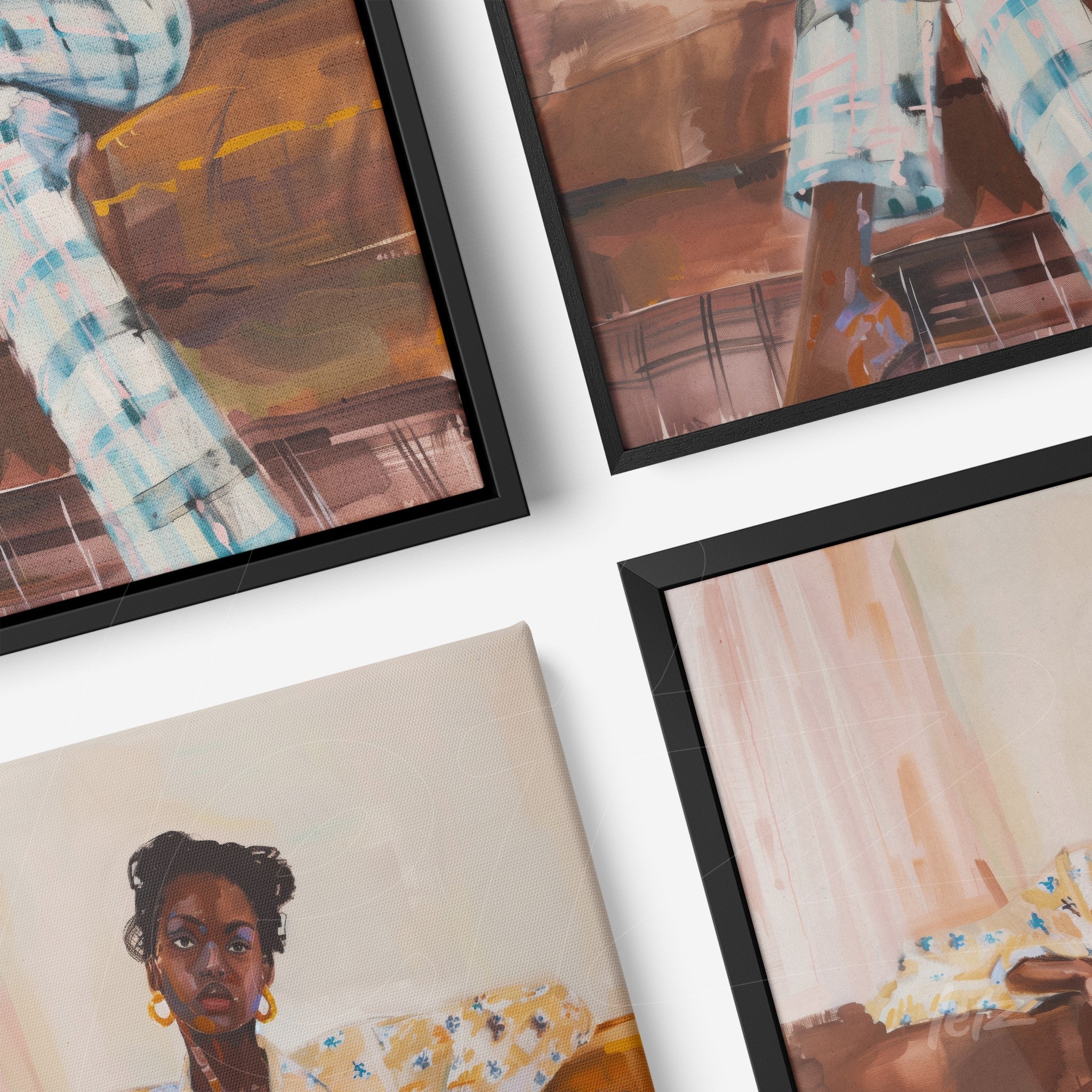 composição de quadros com retratos de mulher afro-americana em estilo artístico, molduras pretas elegantes