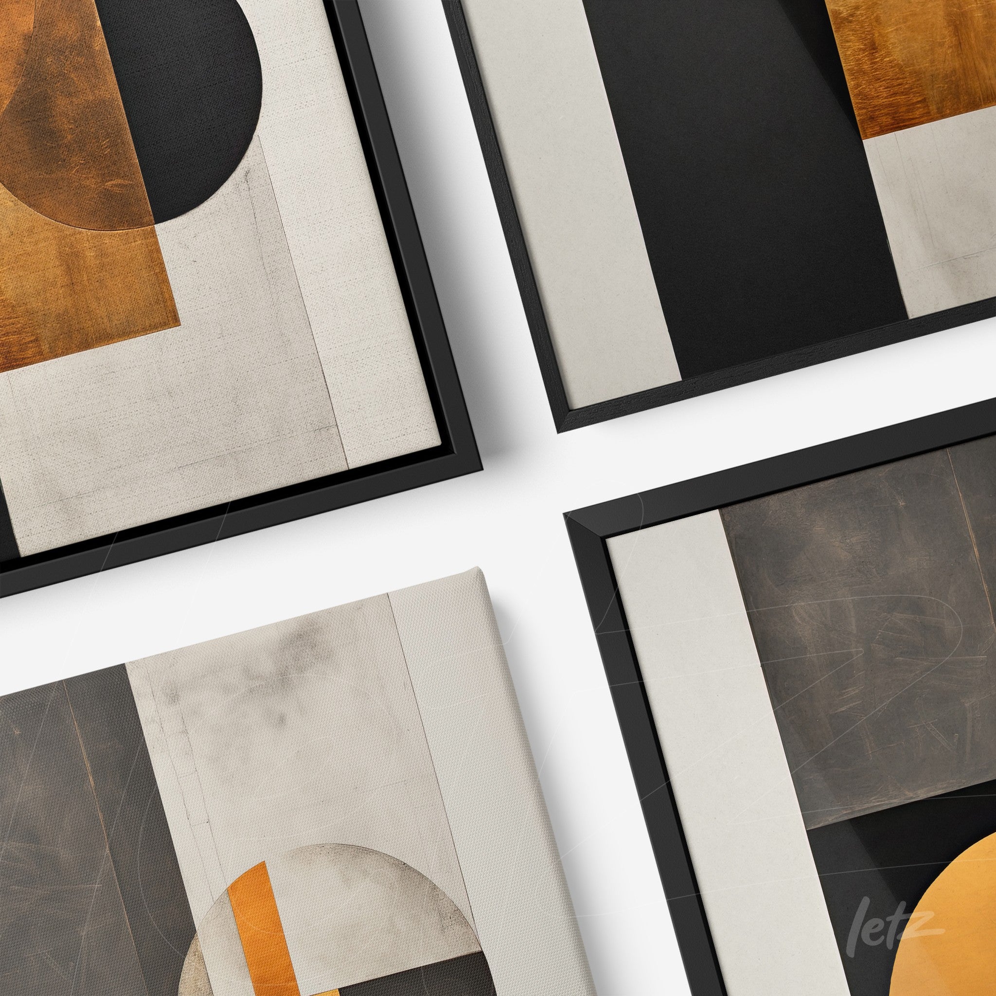 composição de quadros geométricos com elementos em tons de laranja, preto e cinza, molduras pretas finas