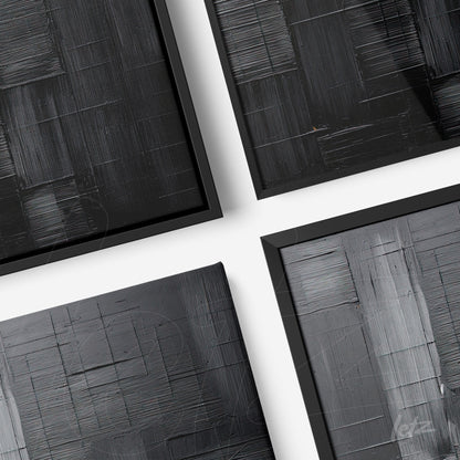 composição de quadros com textura abstrata em tons de preto e cinza, molduras pretas finas
