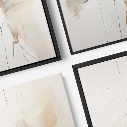 composição com quadros abstratos em tons neutros com molduras pretas, apresentando traços e texturas sutis