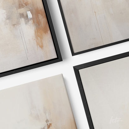 composição com quatro quadros abstratos em molduras pretas, apresentando tons neutros e texturas sutis
