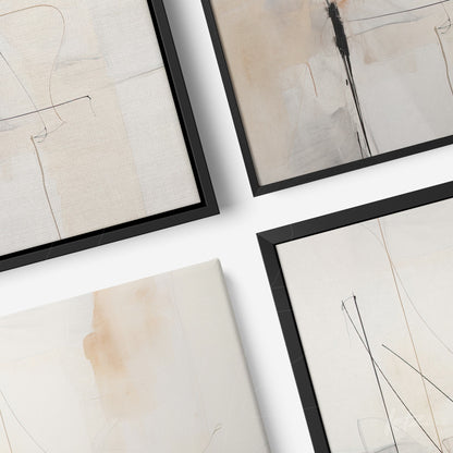 composição de quadros com arte abstrata em tons neutros e molduras pretas