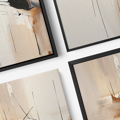 composição de quadros abstratos com traços e texturas em tons neutros, molduras pretas