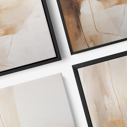 composição com quatro quadros abstratos em moldura preta, apresentando tons suaves de bege e creme em texturas sutis
