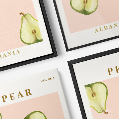 série de quadros que apresentam a ilustração de peras em fundo rosa com molduras pretas
