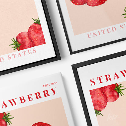 composição de quadros decorativos com ilustrações de morangos em fundo rosa claro, com molduras pretas e brancas, e texto estilizado