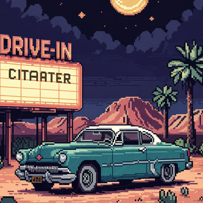 arte digital de carro vintage em estilo pixel art estacionado diante de um cinema drive-in, com montanhas ao fundo e palmeiras ao redor