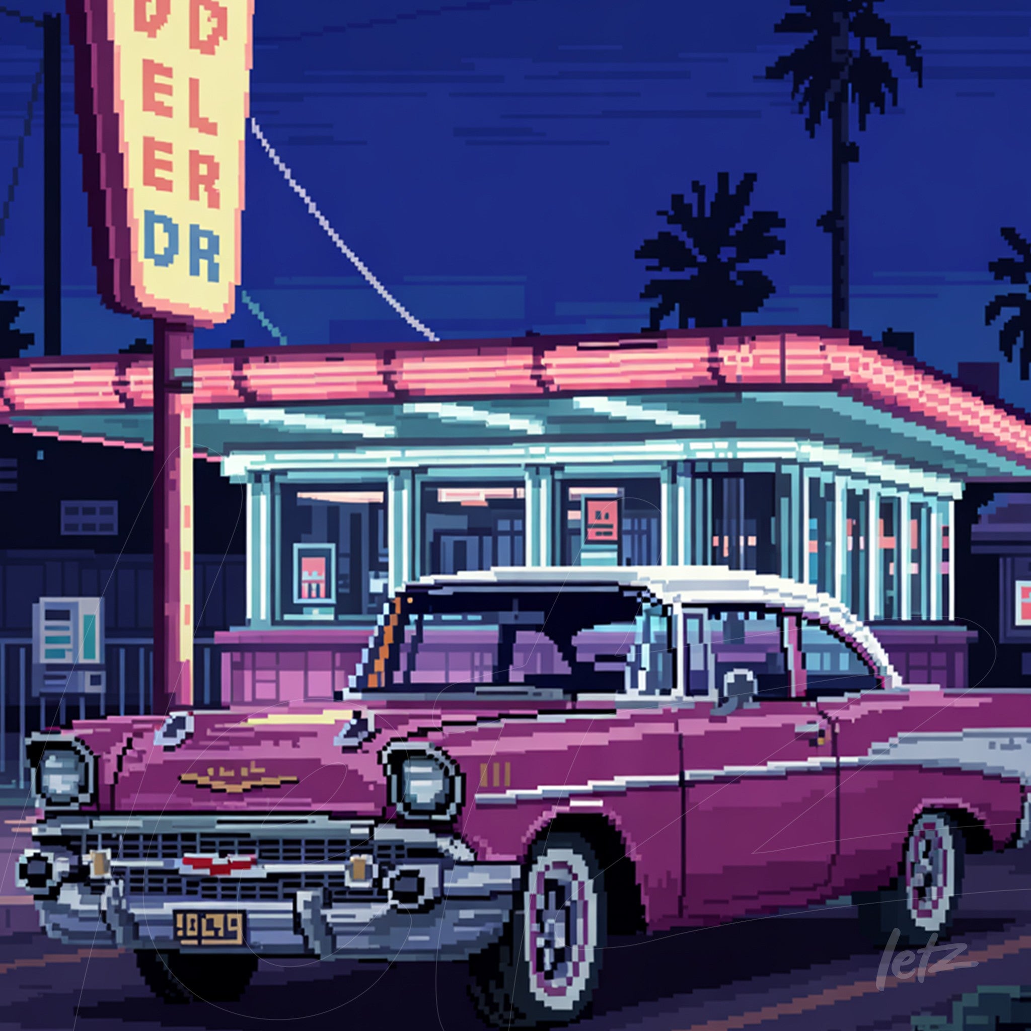 arte digital estilo pixel art com um carro clássico rosa em frente a um diner com iluminação neon