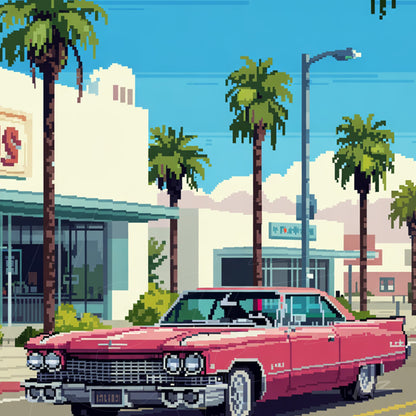 arte digital em estilo pixel art de um carro clássico Cadillac rosa estacionado em uma rua com palmeiras e edifícios retro ao fundo