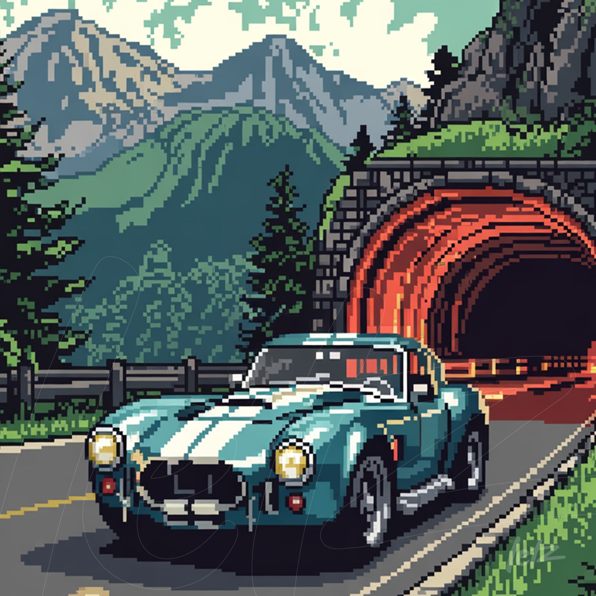 arte digital em estilo pixelado de um carro esportivo azul em uma estrada com montanhas ao fundo e túnel iluminado