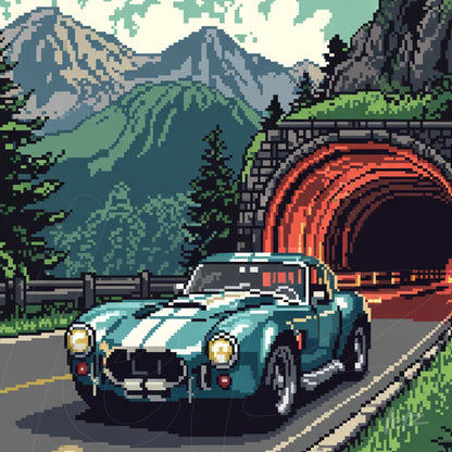 arte digital em estilo pixelado de um carro esportivo azul em uma estrada com montanhas ao fundo e túnel iluminado