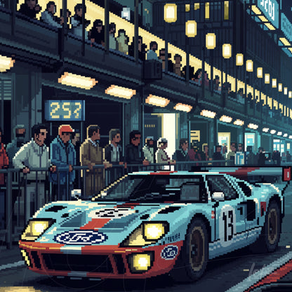 arte digital em pixel art de um carro de corrida Ford GT40 em ambiente de pista, com espectadores ao fundo e letreiro luminoso