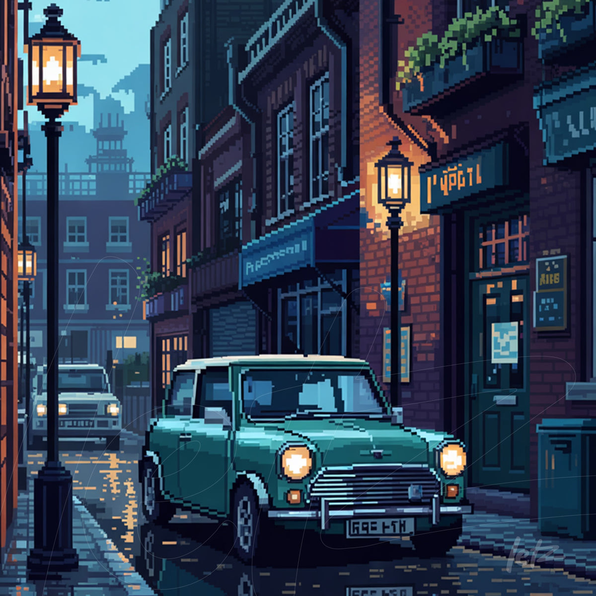 quadro com arte pixelada de rua iluminada à noite, destacando carro verde em estilo vintage e fachada de edifícios clássicos