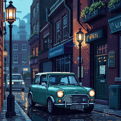 quadro com arte pixelada de rua iluminada à noite, destacando carro verde em estilo vintage e fachada de edifícios clássicos
