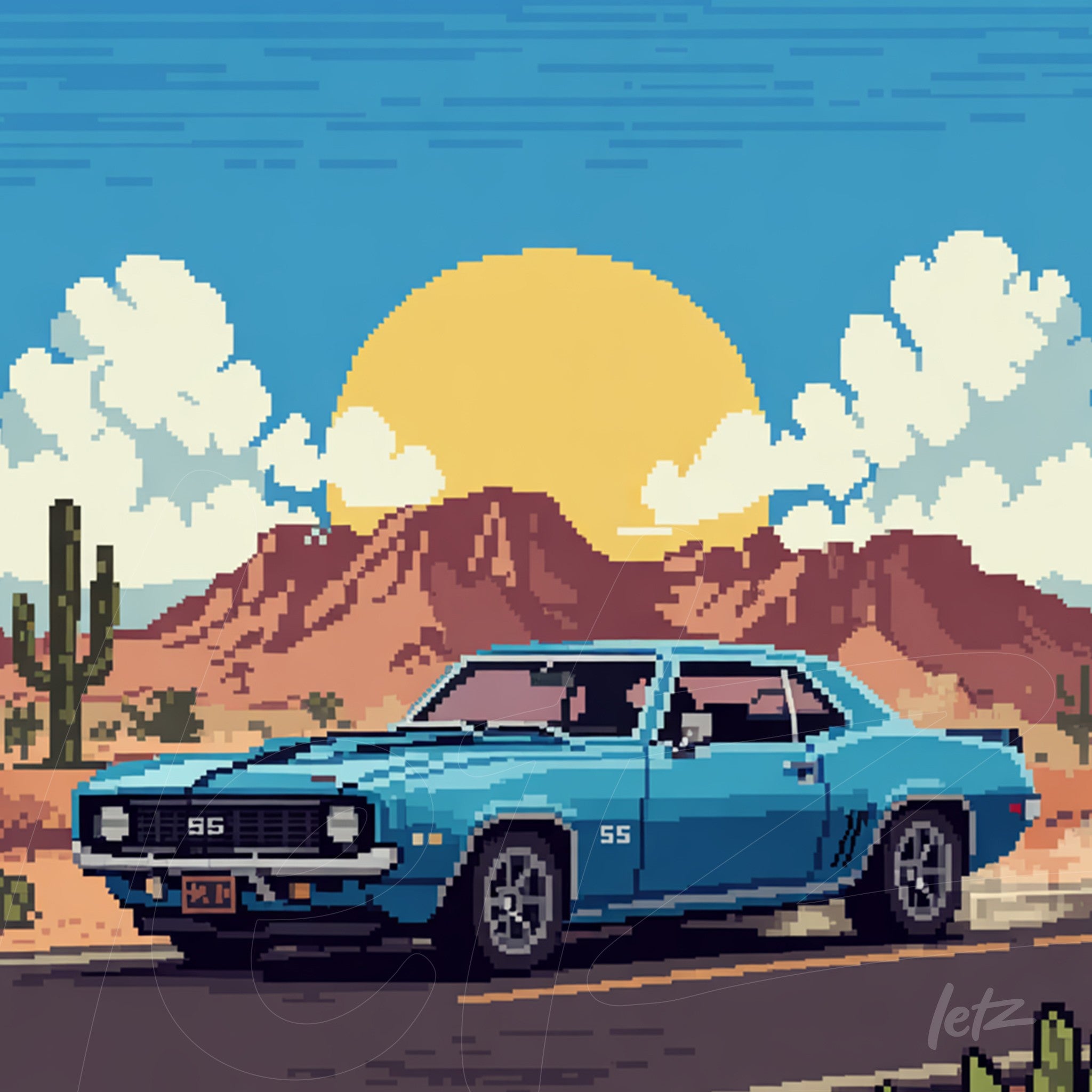 arte digital em pixel art de um carro azul de corrida em uma estrada desértica com montanhas e sol ao fundo