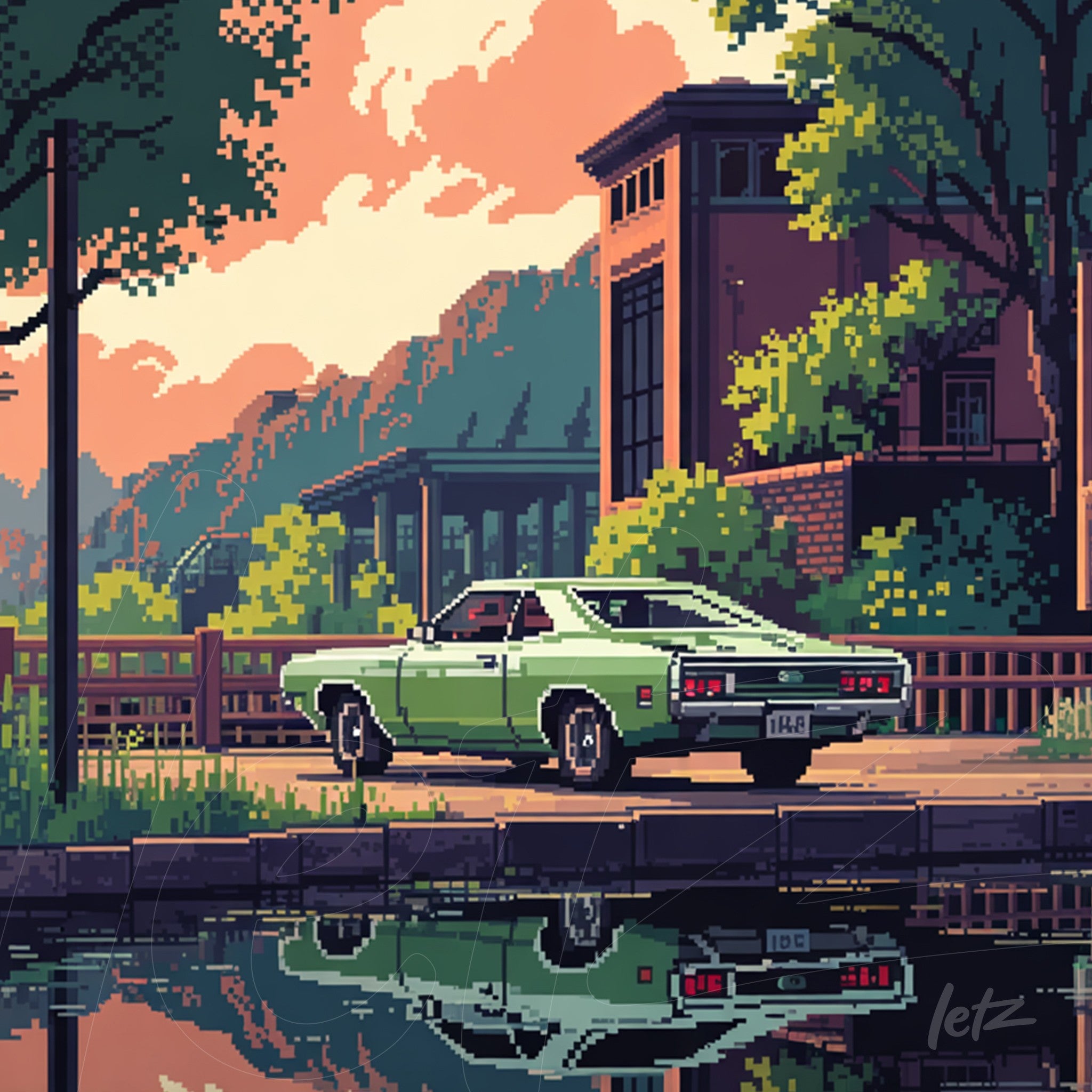 arte digital em estilo pixel art de um carro verde clássico estacionado à beira de um lago, refletindo a paisagem ao fundo com montanhas e edifícios