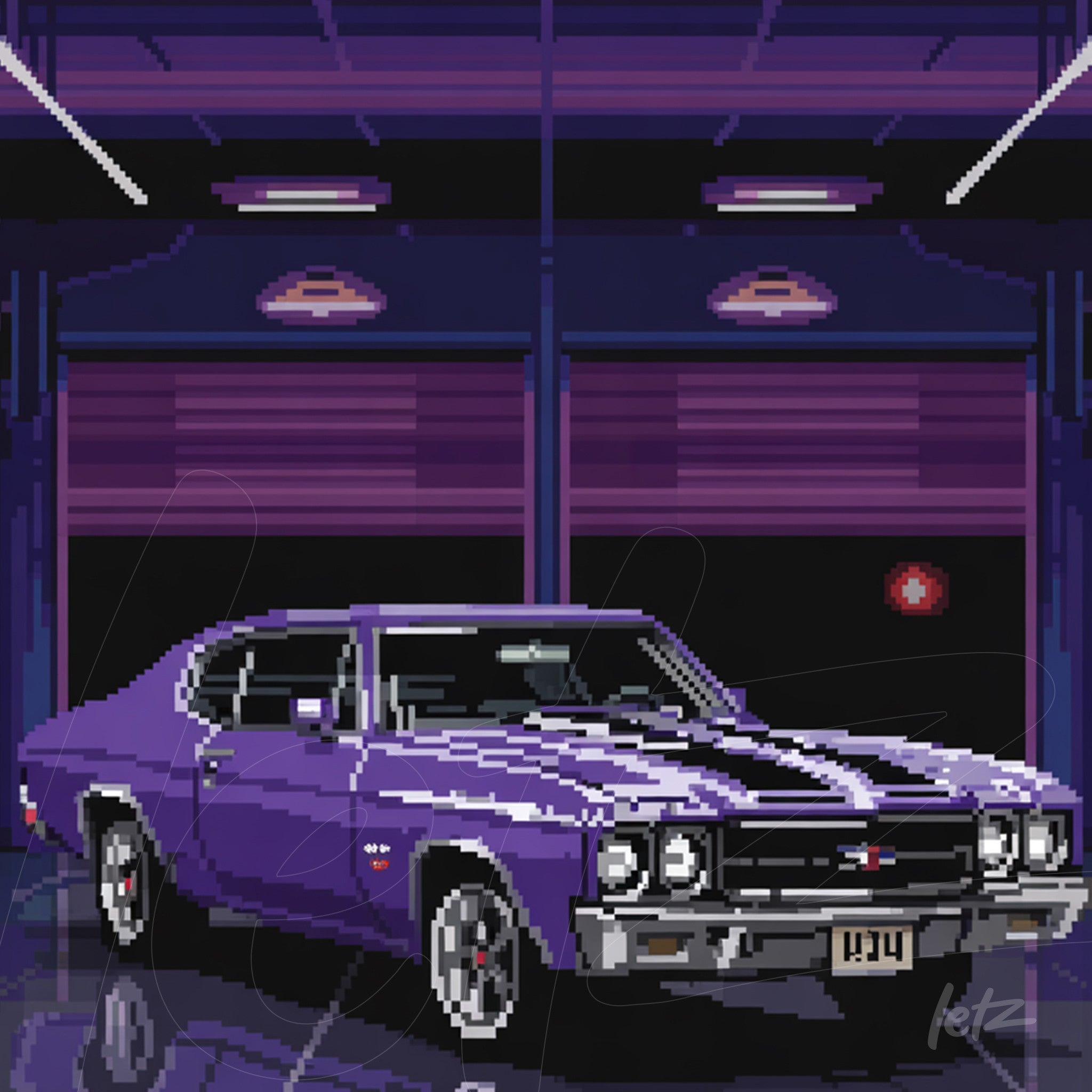 arte digital de um carro clássico roxo em uma garagem com iluminação neon