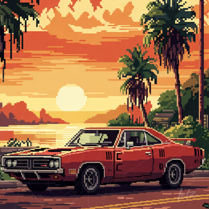 arte digital em estilo pixel art de carro clássico vermelho com palmeiras ao fundo e pôr do sol vibrante