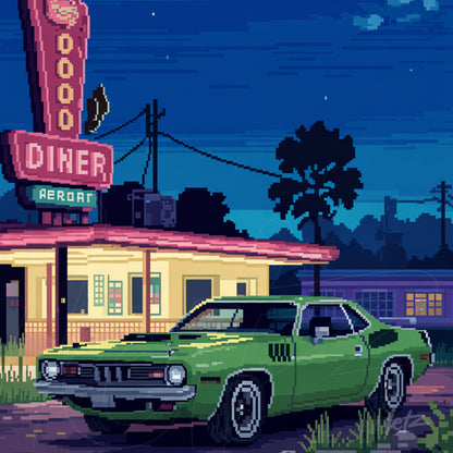 arte digital com um carro esportivo verde em frente a um diner retrô iluminado à noite