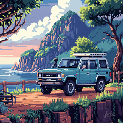 arte digital em pixel art de veículo todo terreno azul em uma paisagem natural com montanhas ao fundo