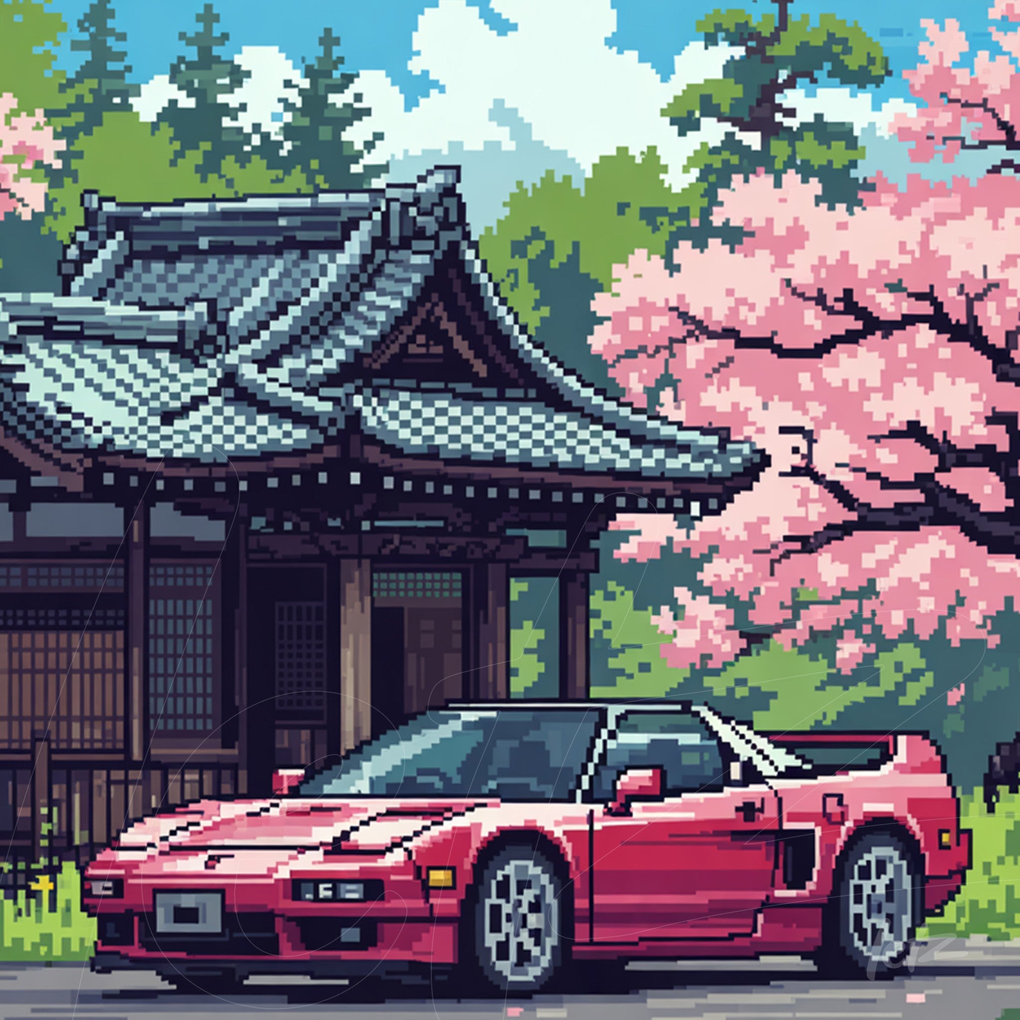arte digital pixelada de um carro esportivo vermelho em frente a um templo japonês, rodeado por árvores de cerejeira em flor