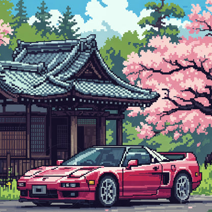 arte digital pixelada de um carro esportivo vermelho em frente a um templo japonês, rodeado por árvores de cerejeira em flor