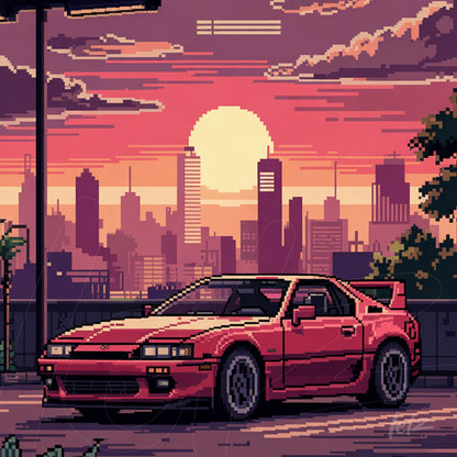 arte digital retrô de carro esportivo vermelho em cena de cidade ao pôr do sol com estilo pixelado