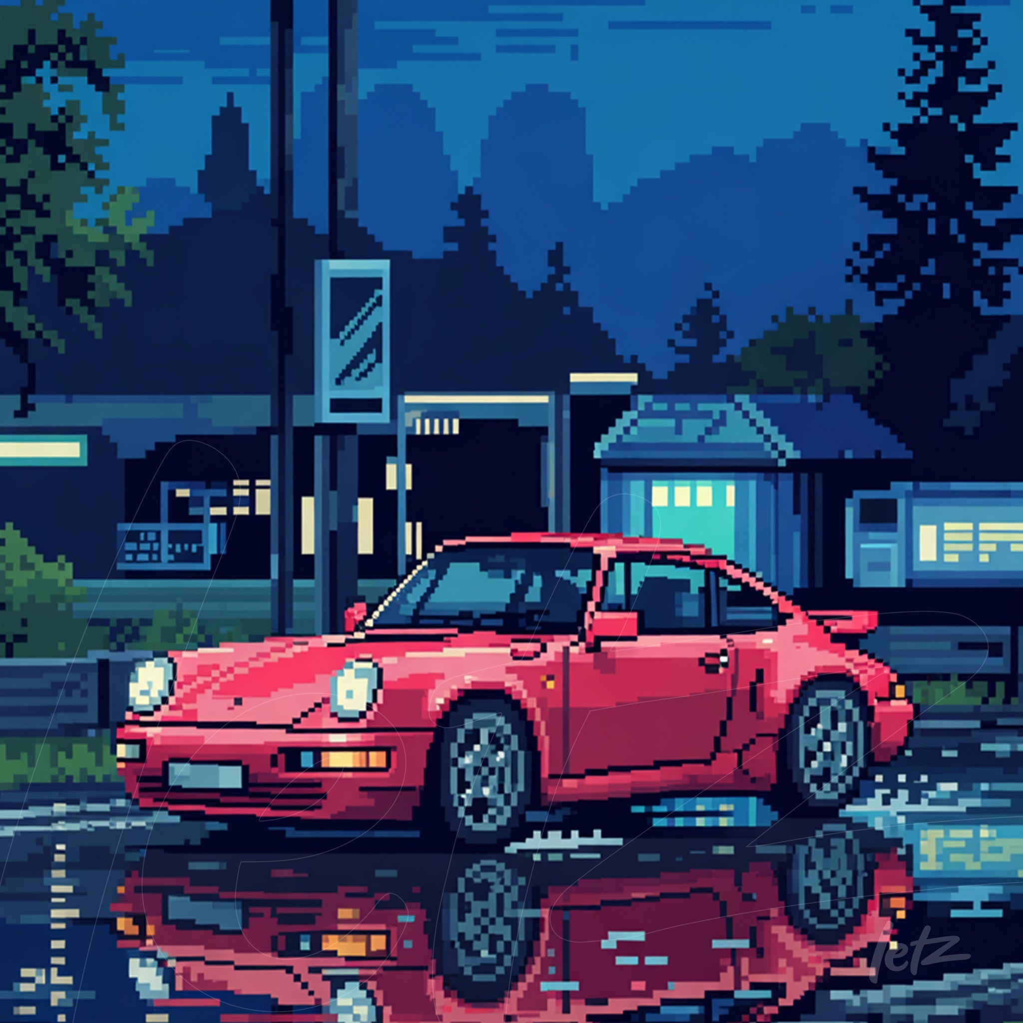 arte digital em pixel com carro esportivo rosa estacionado em estrada à noite, refletindo no asfalto molhado