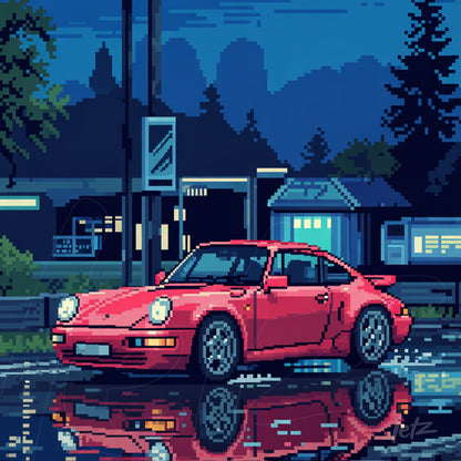 arte digital em pixel com carro esportivo rosa estacionado em estrada à noite, refletindo no asfalto molhado